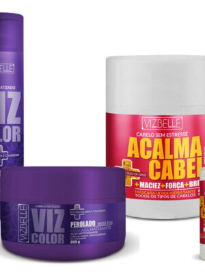 Kit Shampoo Matizante Perolado + Máscara Matizante Efeito Teia Perolado + Máscara Acalma Cabelo + Óleo de Coco Vizbelle