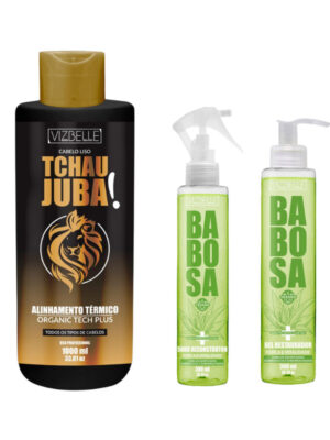 Kit Alinhamento Tchau Juba 1 litro + Gel e Soro Reconstrutor e Restaurador de Babosa Vizbelle